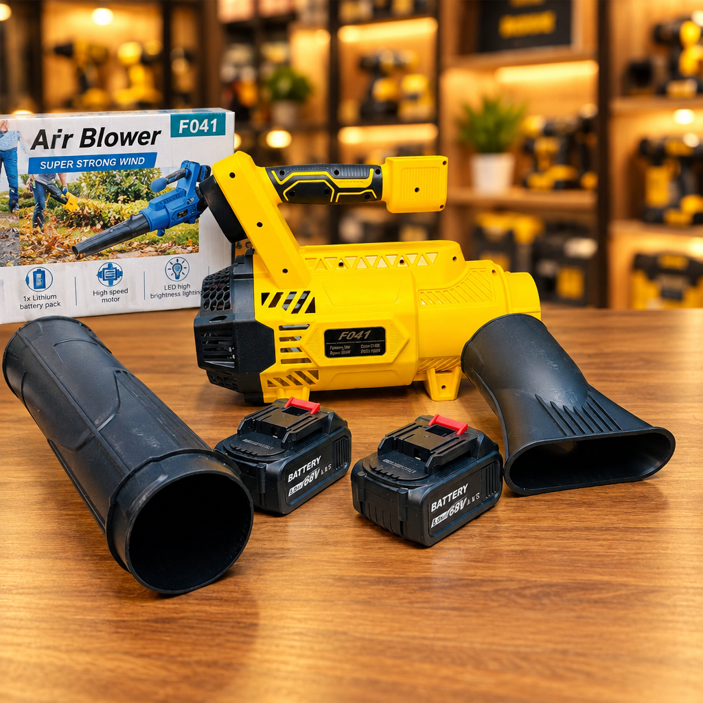 F041 Air Blower retail box showing Super Strong Wind and product features - Showroom