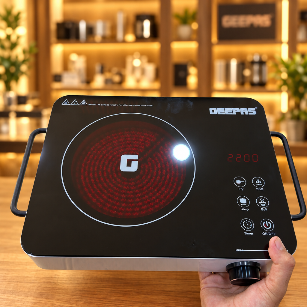 GEEPAS GIC33022P orange retail box front held in hand - Showroom