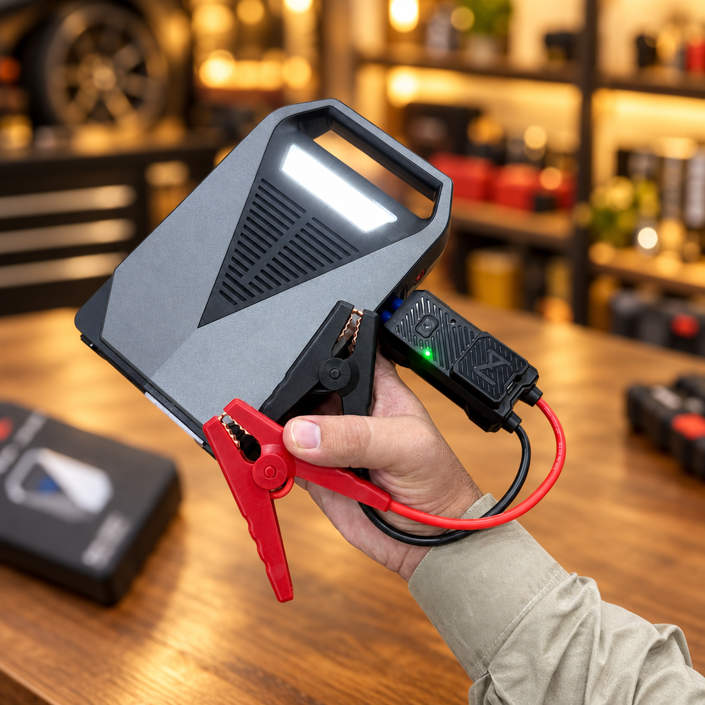 LD12 Jump Starter front showing white COB LED work light on - Showroom