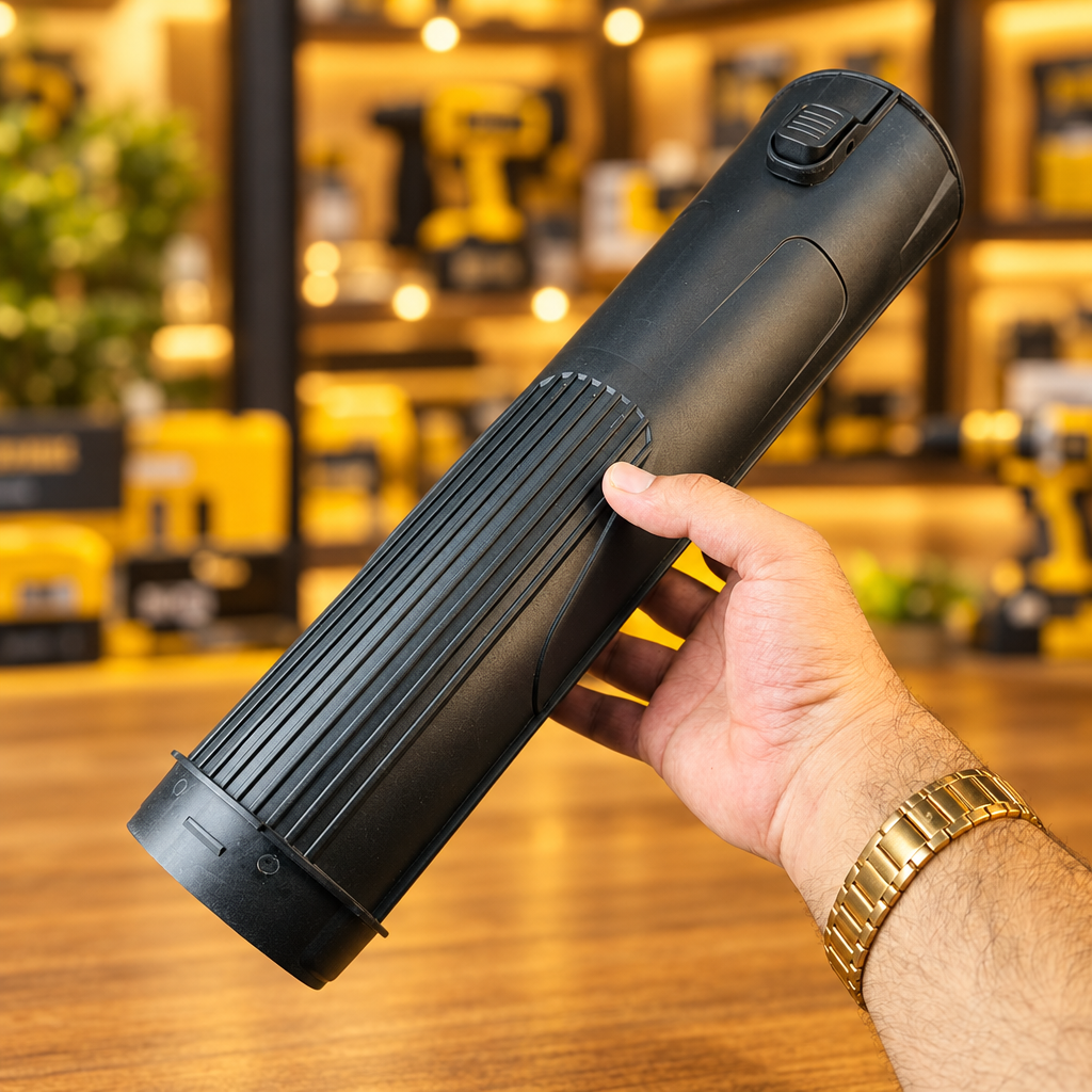 F041 Air Blower side view held in hand showing spec label and body design - Showroom