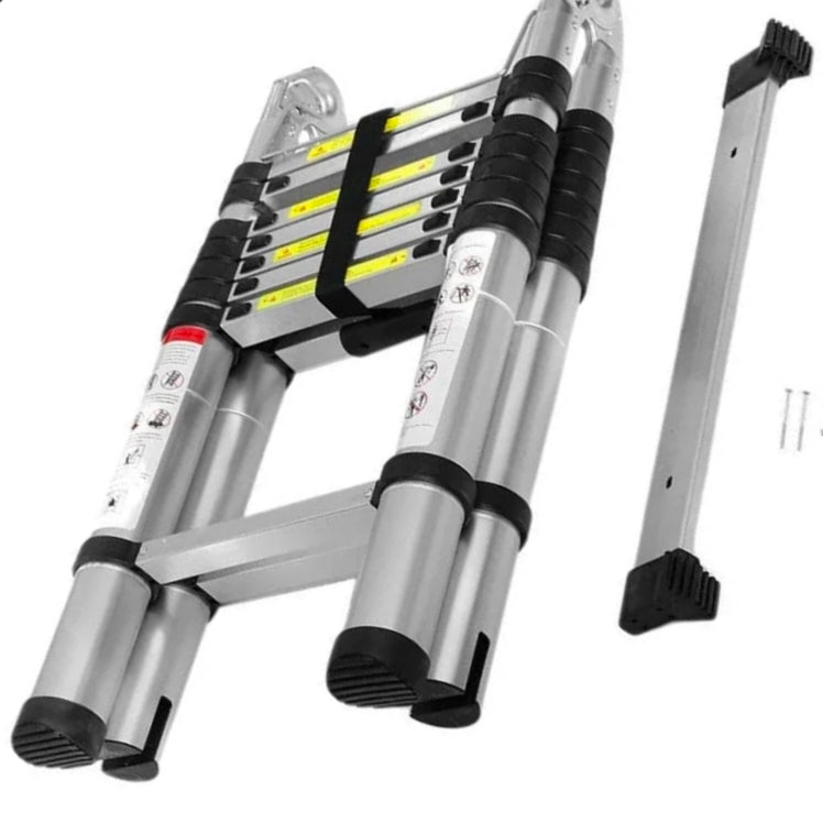 Double-Sided Telescopic Aluminum Ladder - Close-up angled detail with balance bar and safety labels