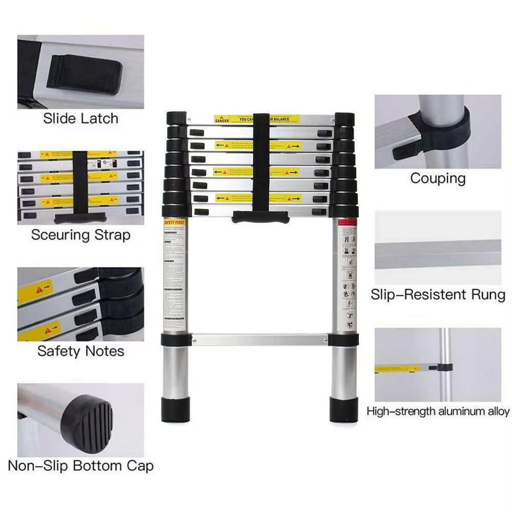Single Aluminum Telescopic Ladder - Three states comparison fully extended half extended and fully folded