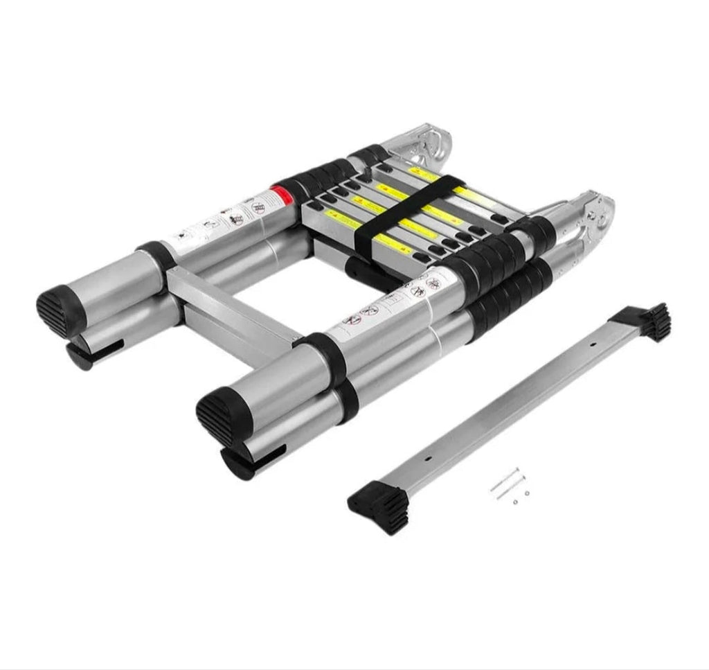 Double-Sided Telescopic Aluminum Ladder - Folded compact flat angled view with balance bar