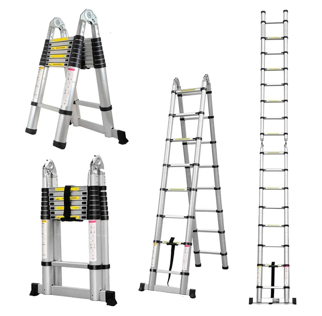 Double-Sided Telescopic Aluminum Ladder - 4 configurations collage A-frame step extended and straight