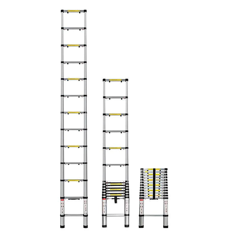 Single Aluminum Telescopic Ladder - Features diagram showing slide latch securing strap non-slip cap coupling slip-resistant rung and aluminum alloy