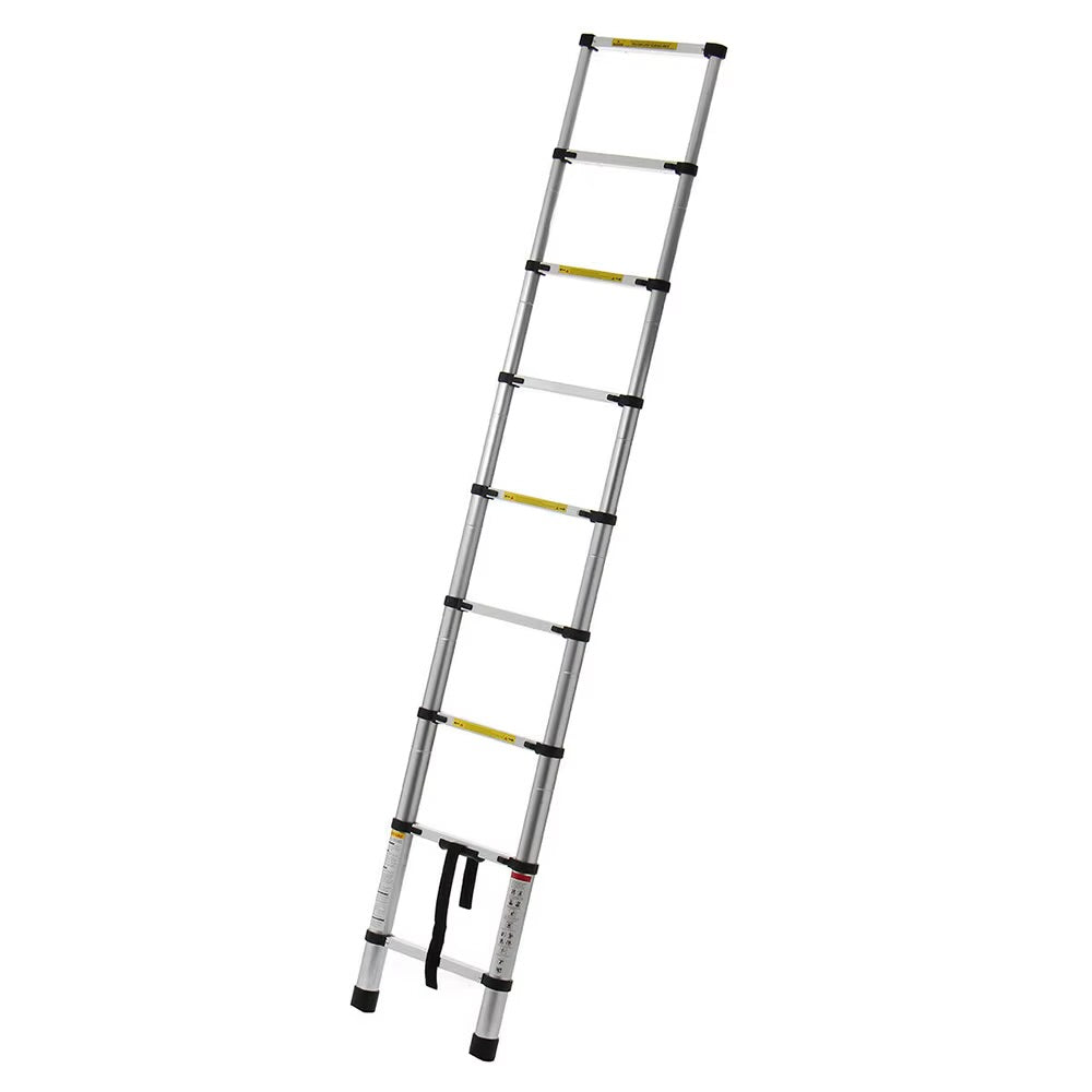 Single Aluminum Telescopic Ladder - Folded compact state with non-slip rubber bottom cap close-up inset