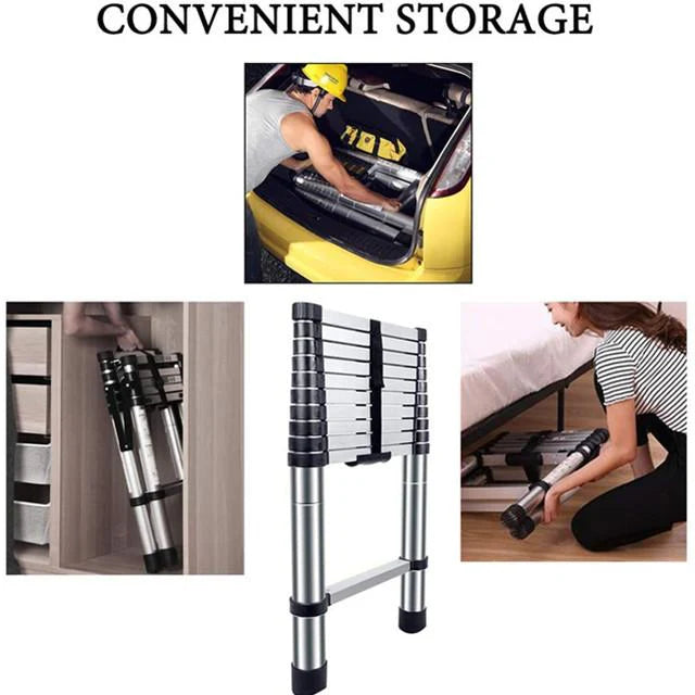 Single Aluminum Telescopic Ladder - Convenient storage collage showing car boot under bed and wardrobe storage