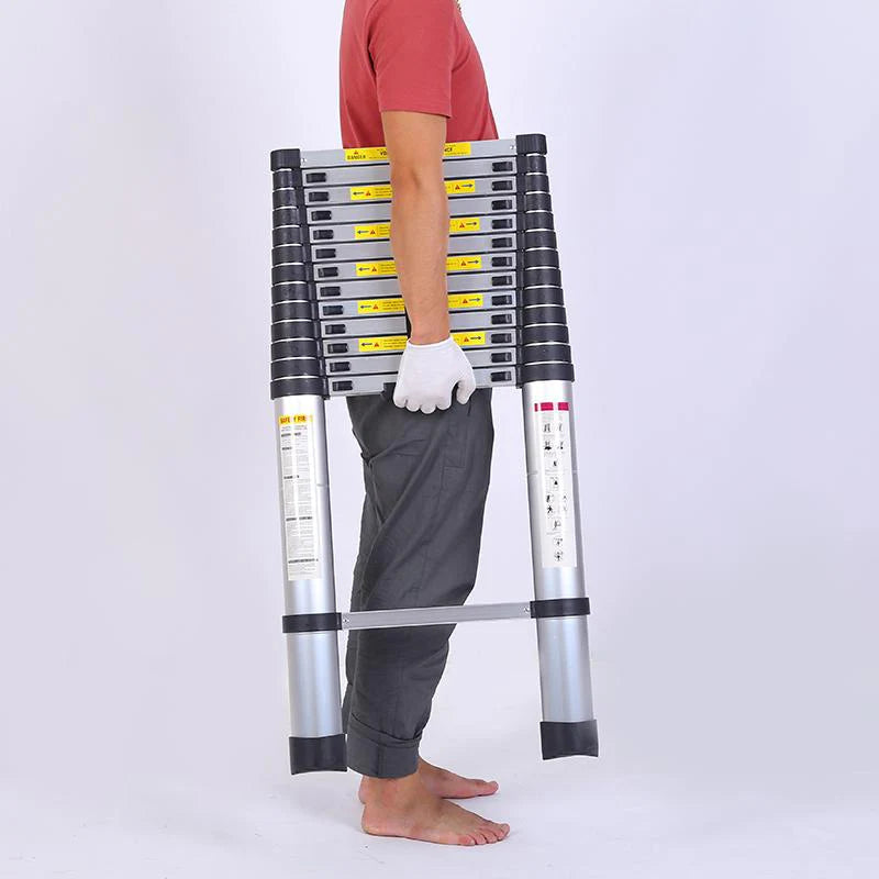 Single Aluminum Telescopic Ladder - Fully extended single ladder leaning view on white background