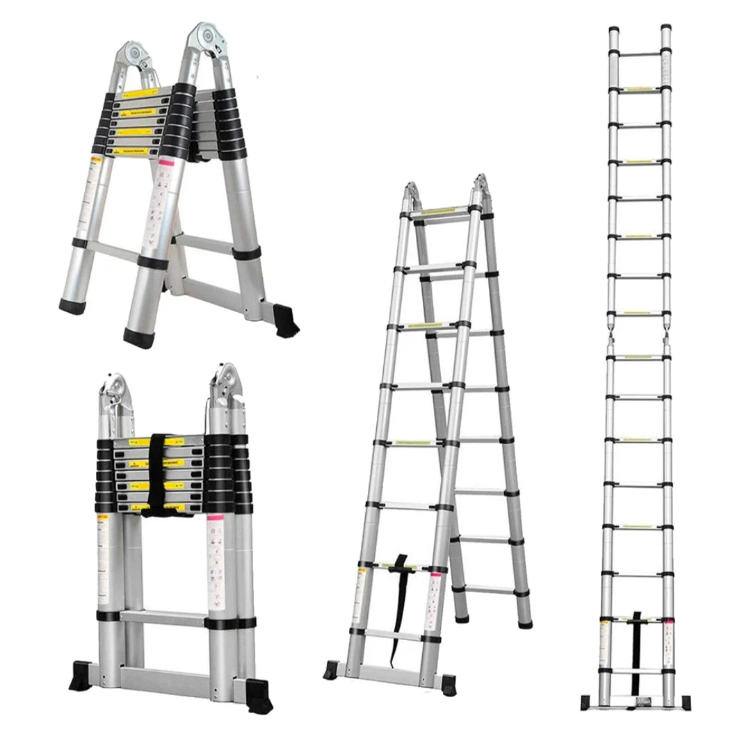 Double-Sided Telescopic Aluminum Ladder - Folded flat compact with detached balance bar and screws