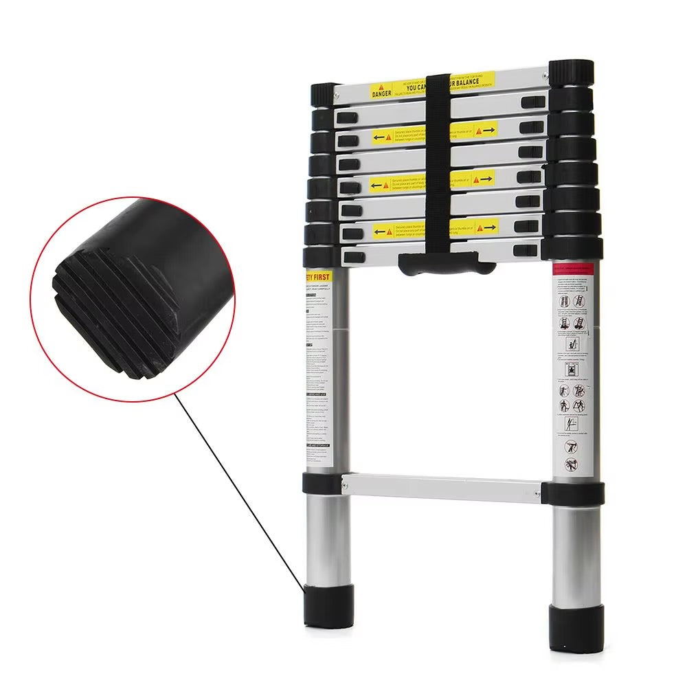 Single Aluminum Telescopic Ladder - Person carrying folded compact ladder with white gloved hand